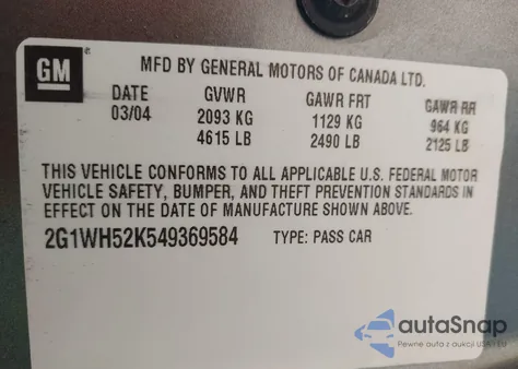 2004 Chevrolet Impala Ls из США, поврежденный, VIN 2G1WH52K549369584